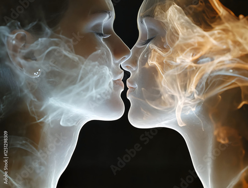 Artistic representation of two figures facing each other with smoke