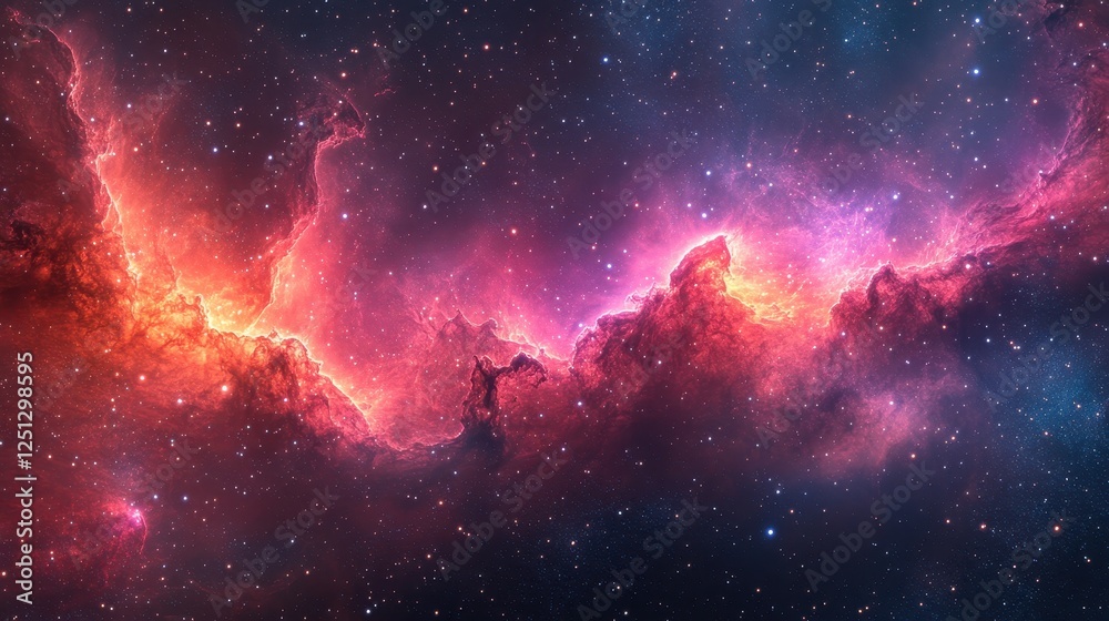 Naklejka premium Cosmic Nebula, Red and Blue Gaseous Clouds, Starry Background, Space Exploration