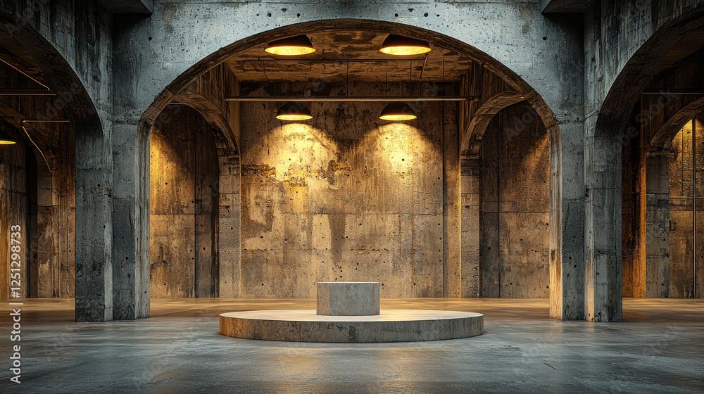 Fototapeta premium Empty concrete industrial room with podium, arches, and warm lights, ideal for product displays