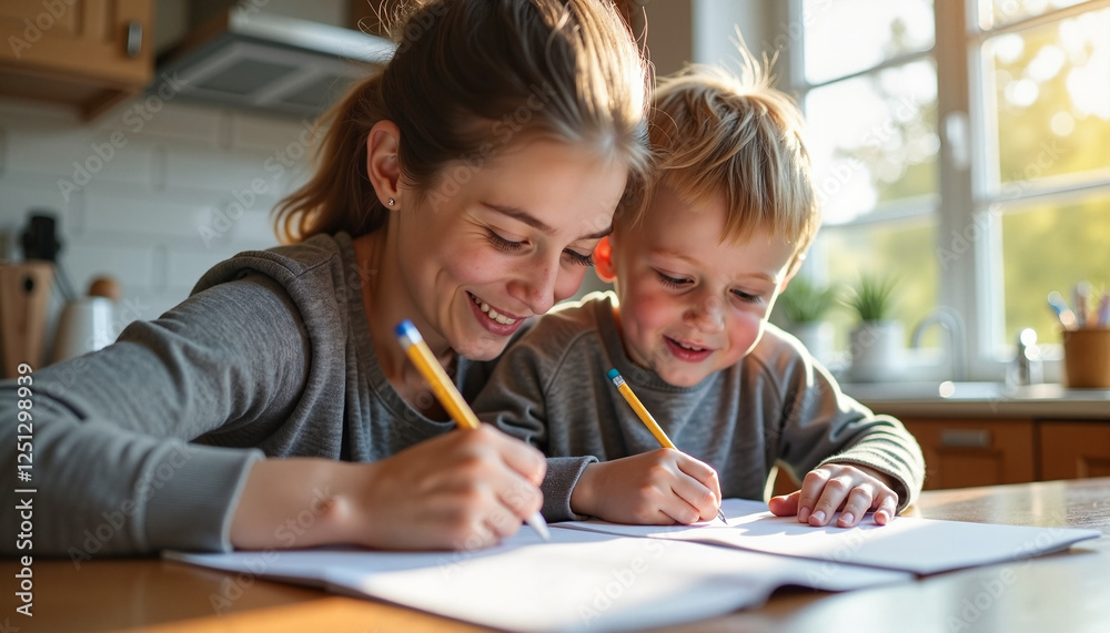 Mother and son drawing together at the kitchen table Mother and son drawing together at the kitchen table