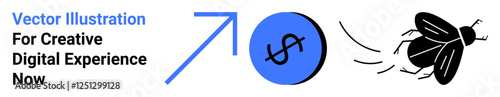 A fly buzzing in motion heading towards a dollar icon and an upward arrow symbolizing growth, wealth magnetism, or targeted focus. Ideal for business, growth, marketing, finance, strategy