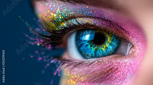 An intense eye portrait featuring fluid, kaleidoscopic swirls in neon shades, highlighting the deep