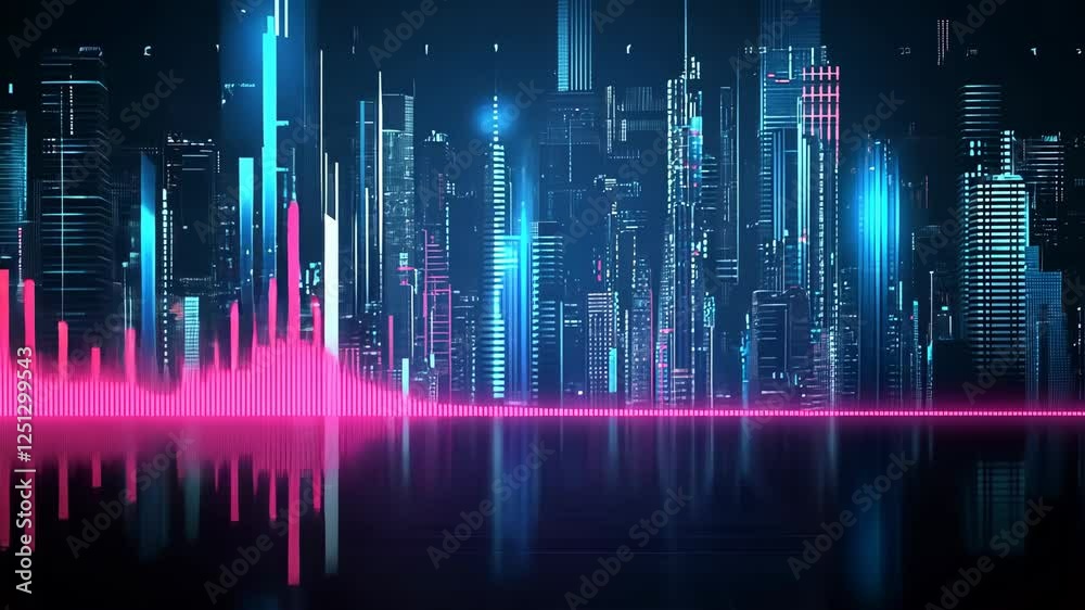 Vibrant city skyline with pulsating sound waves and neon lights at night