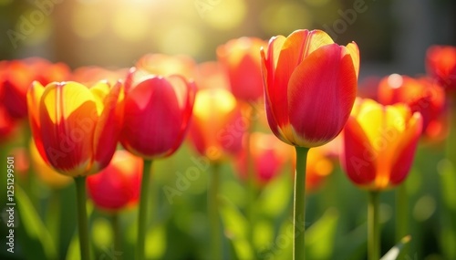 Closeup of colorful tulips, sunlight on petals, flowers, springtime, design