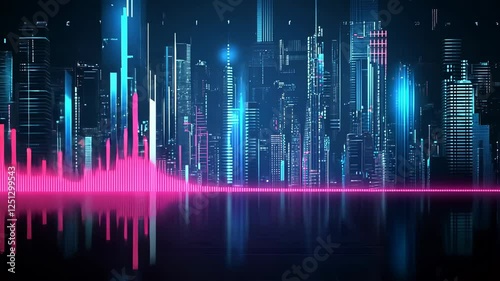 Vibrant city skyline with pulsating sound waves and neon lights at night