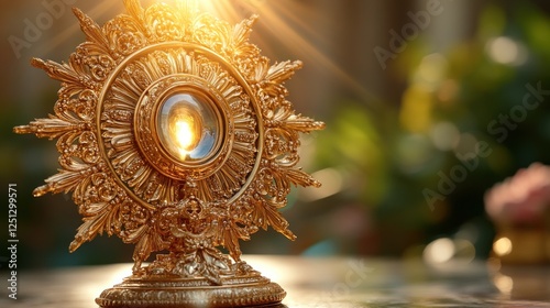 Golden monstrance, sunlit, garden, faith
