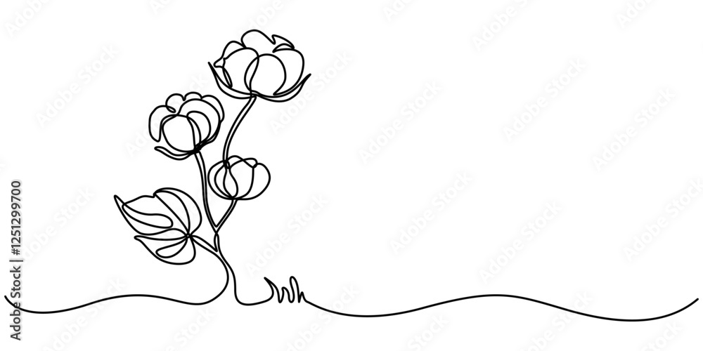 Fototapeta premium flower cotton, One continuous line drawing of whole soft and fluffy cotton flower for farming logo identity. Staple fiber flower concept for garden icon. Modern single line draw graphic design vector.
