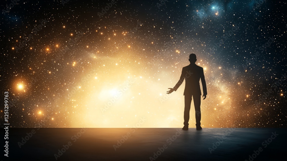 Information knowledge retrieval. A silhouette of a man stands against a vibrant cosmic backdrop, gazing into the vast universe filled with stars and galaxies. Information knowledge retrieval. A silhouette of a man stands against a vibrant cosmic backdrop, gazing into the vast universe filled with stars and galaxies.