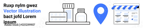 Pharmacy shelves with medicine bottles, a blue location pin, and a storefront icon. Ideal for online shopping, healthcare, pharmacy apps, retail locations, store identification, medicine delivery