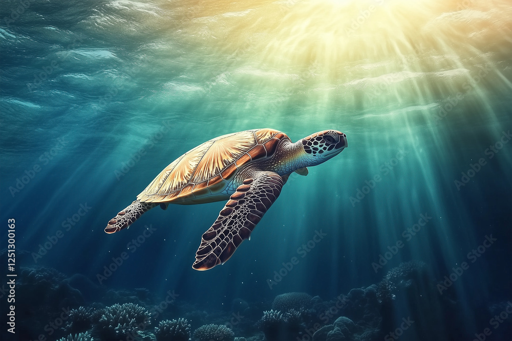 Fototapeta premium Green Sea Turtle Gracefully Swimming Underwater in Clear Blue Ocean