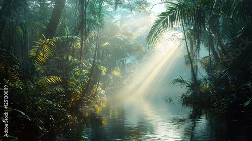 Lush rainforest scene with sunlight filtering through trees, illuminating a calm river surrounded by vibrant foliage.