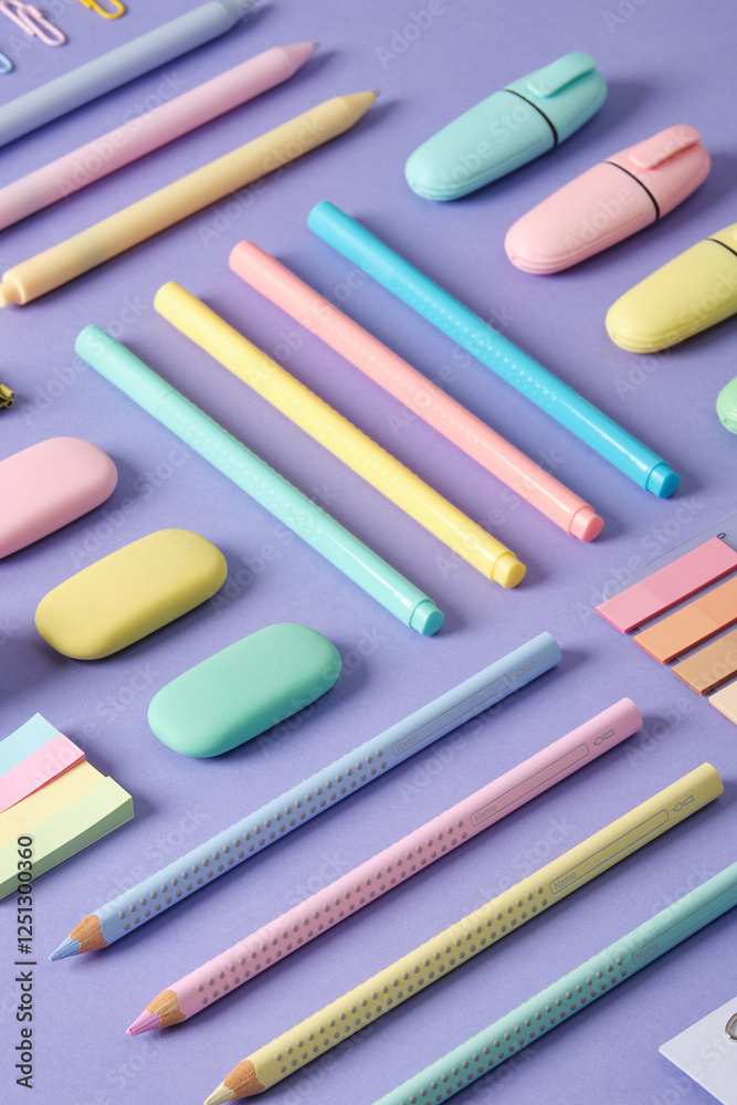 Stationery background with pastel-colored stationery neatly arranged on a light purple background. Stationery background with pastel-colored stationery neatly arranged on a light purple background.