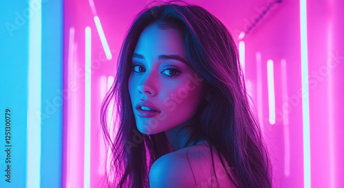 Brightly lit hallway filled with colorful neon lights features a beautiful woman with long hair posing confidently and alluringly photo