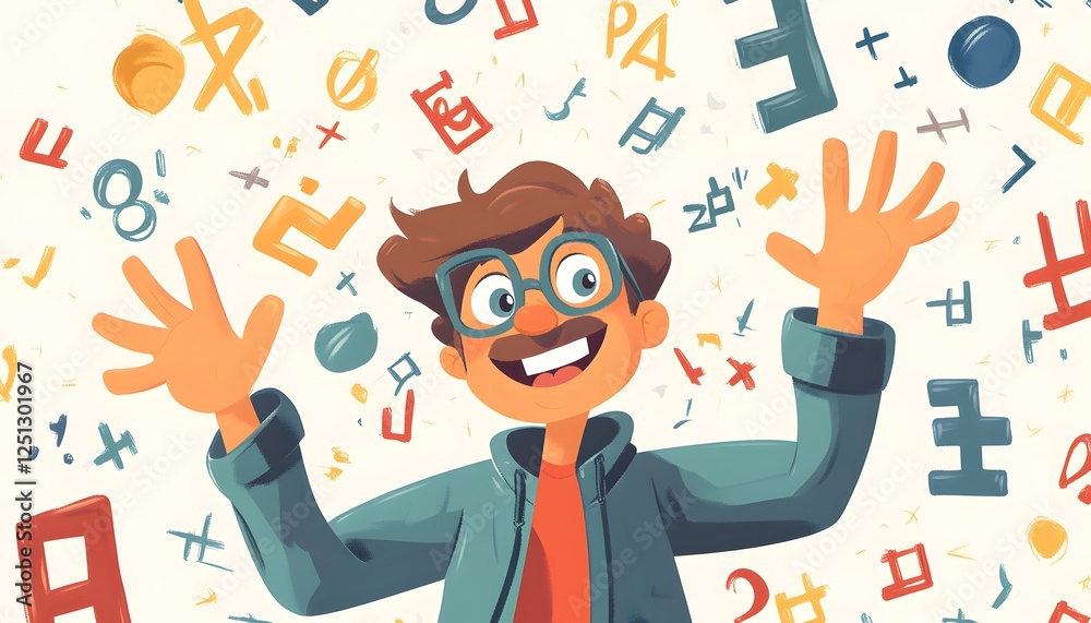 Happy Man Surrounded By Colorful Abstract Symbols Happy Man Surrounded By Colorful Abstract Symbols