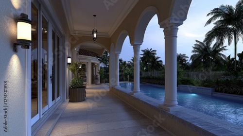 Serene evening view of a luxurious outdoor corridor with pool and tropical landscape
