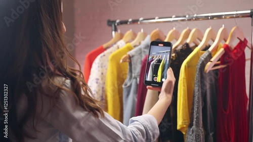 Young influencer creating video content for local store with fashion clothes, woman using smartphone for filming garment assortment and then uploading for channel promotion, social media content