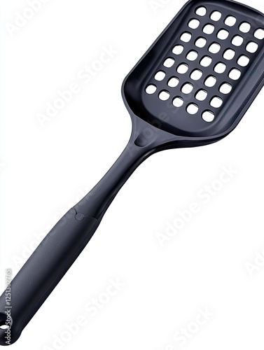 Black slotted spoon, kitchen utensil, cooking tool, isolated background, food preparation photo