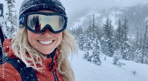 Blonde woman wearing skis and goggles enjoys skiing surrounded by snow-covered trees on a winter day