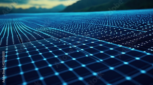 Solar Panel Field with Glowing Grid Technology