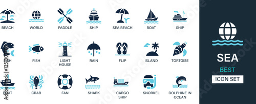 SEA icon set collection. Beach, paddle, ship, sea beach, boat, fish, light house, flip, island, tortoise and best solid icon set.