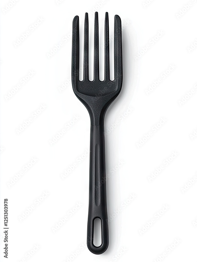 Black plastic serving fork isolated on white. Kitchen utensil for food