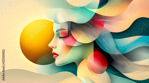 Female face against the sun. Inner strength, harmony, connection with nature, woman energy and inspiration. Cubism style illustration for wellness, banners for meditation and spiritual practices. photo