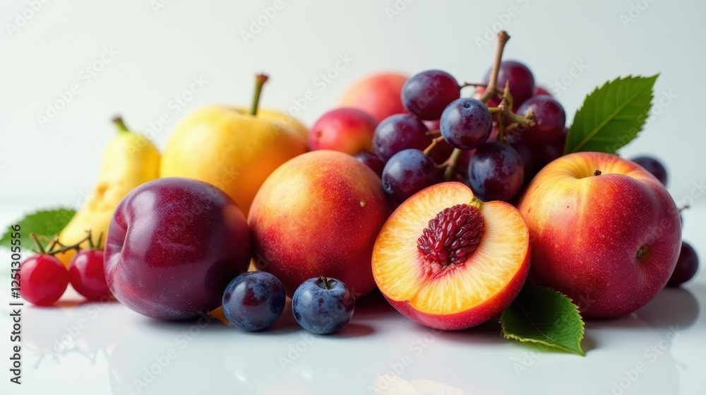 A vibrant still life featuring a medley of ripe fruits, including juicy nectarines, plump plums, sweet grapes, and crisp apples, arranged artfully on a reflective surface. A vibrant still life featuring a medley of ripe fruits, including juicy nectarines, plump plums, sweet grapes, and crisp apples, arranged artfully on a reflective surface.