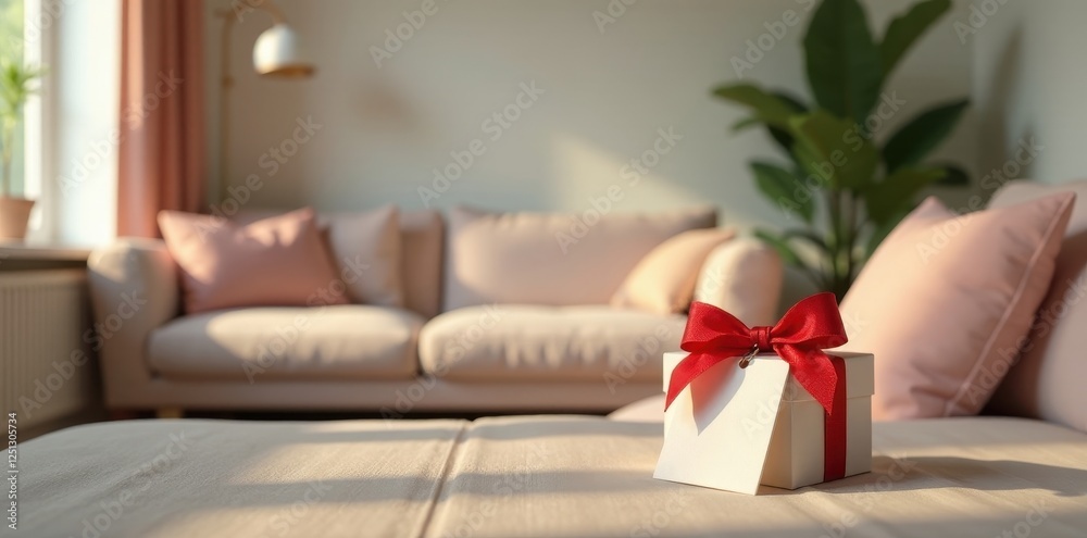 A thoughtfully presented gift box rests on a light-colored sofa, bathed in soft sunlight, creating a serene and inviting atmosphere within a home A thoughtfully presented gift box rests on a light-colored sofa, bathed in soft sunlight, creating a serene and inviting atmosphere within a home