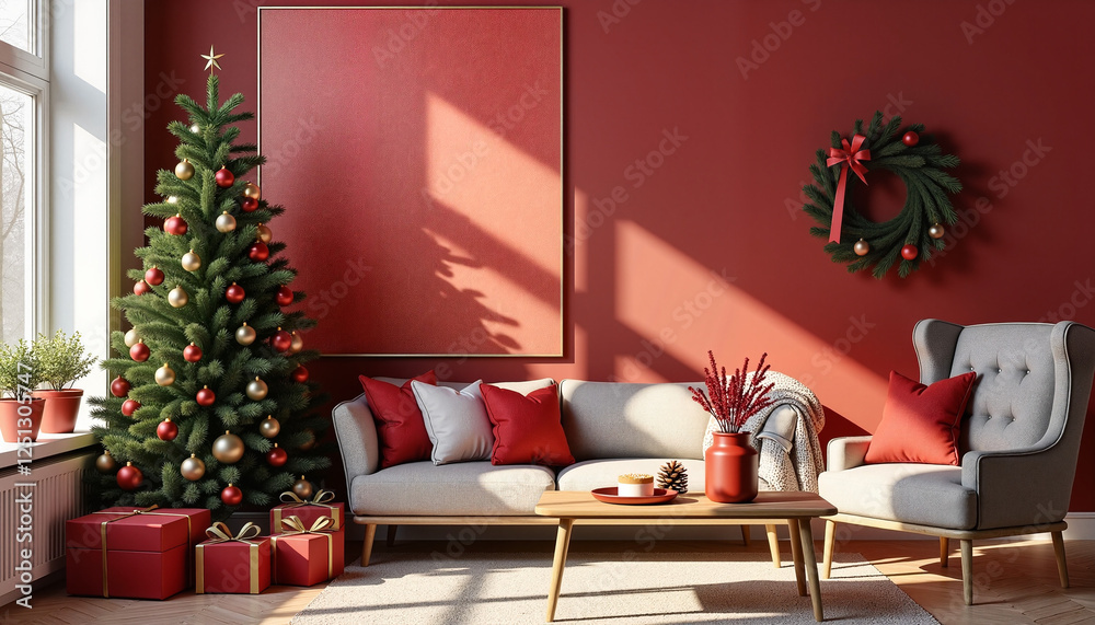 Obraz premium Christmas tree and festive decor in cozy living room