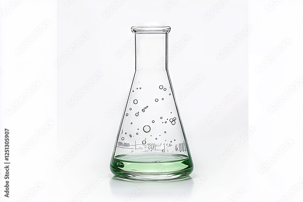 Green liquid in erlenmeyer flask, science lab, white background, chemical reaction Green liquid in erlenmeyer flask, science lab, white background, chemical reaction