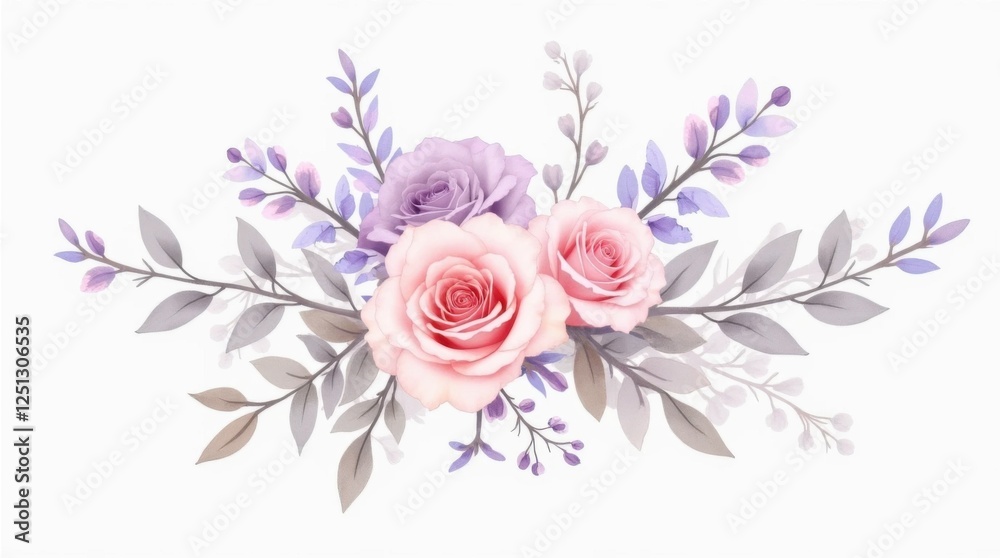 Fototapeta premium Romantic Watercolor Floral Bouquet with Roses and Lavender