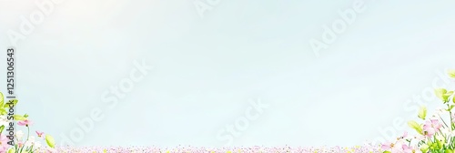 Spring flowers field, light blue sky, floral border, website banner