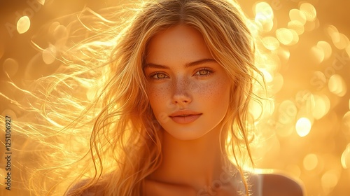 A woman in a white dress with windblown golden locks against a luminous backdrop creates an enchanting portrait.