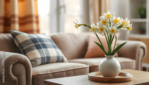 Wallpaper Mural Cozy sofa with plaid, cushion and vase with narcissus flowers in living room, craft clay. with white shades Torontodigital.ca