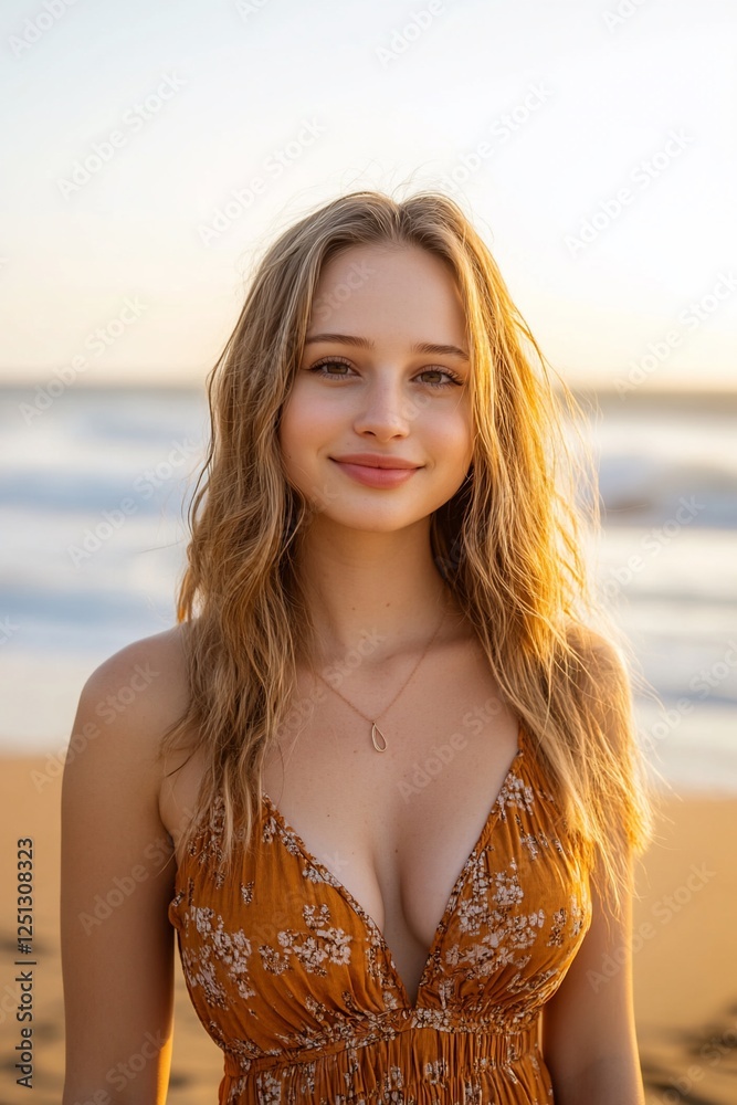 Woman in dress on beach at sunset. Portrait. Possible use Stock photo Woman in dress on beach at sunset. Portrait. Possible use Stock photo