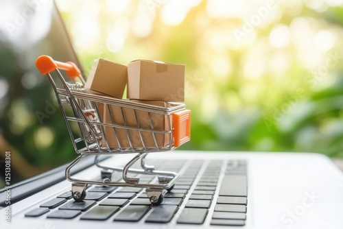 Shopping Cart on Laptop Keyboard with Cardboard Boxes in Sunlight