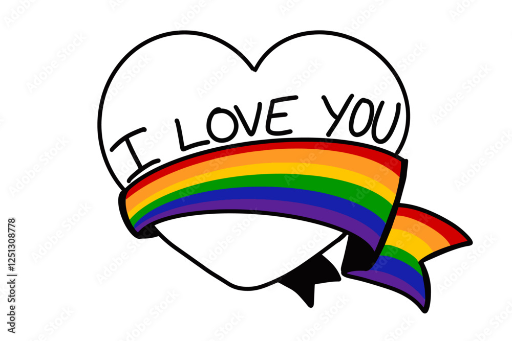 Fototapeta premium Heart wrapped with a ribbon in the colors of the LGBTQ+ rainbow and text 
