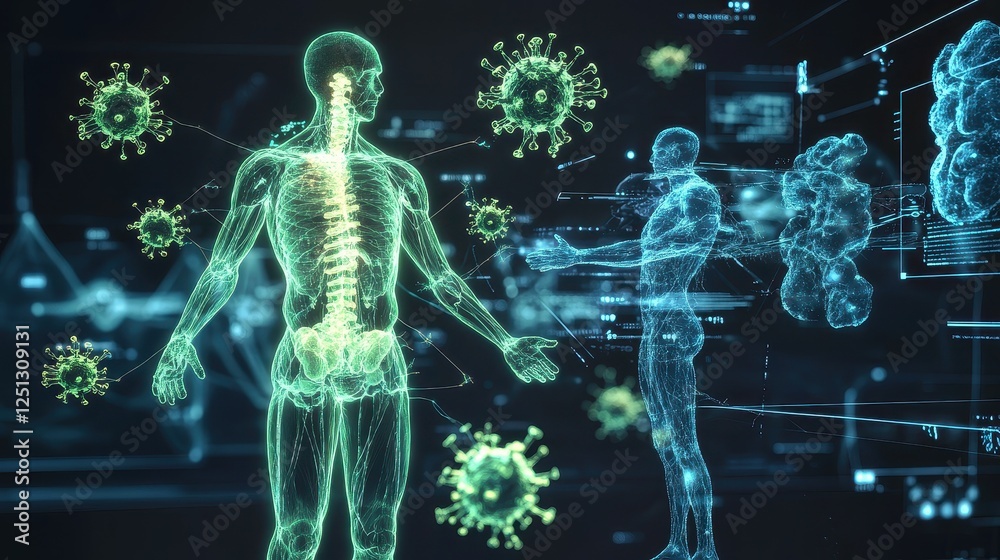 A digital hologram of the immune system, showing interconnected defense mechanisms against pathogens. The futuristic dark background represents advanced medical technology. A digital hologram of the immune system, showing interconnected defense mechanisms against pathogens. The futuristic dark background represents advanced medical technology.