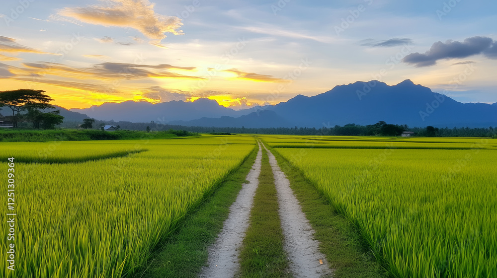 Obraz premium vibrant sunset over lush rice fields and mountains in Philippines