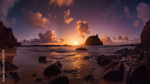 Sunset over a secluded beach with dramatic clouds. photo