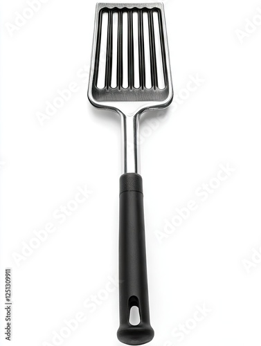 Metal slotted spatula, kitchen utensil, cooking tool, white background photo