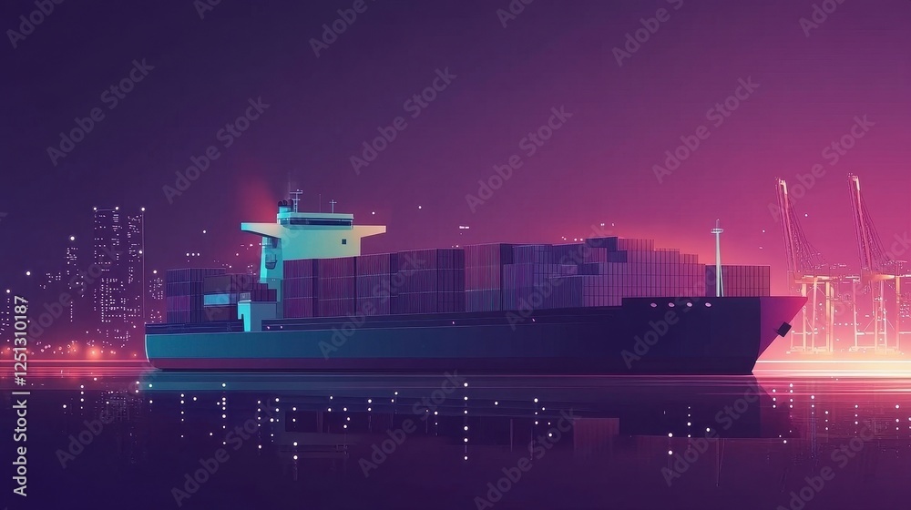 Obraz premium Container Ship at Night with City Lights Reflection