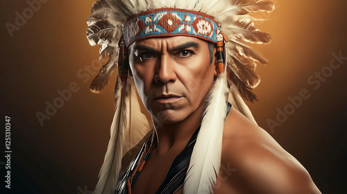 Portrait of a Native American man wearing a traditional feathered headdress, captured in a professional studio setting with high-resolution detail. The serious expression and neutral background emphas photo