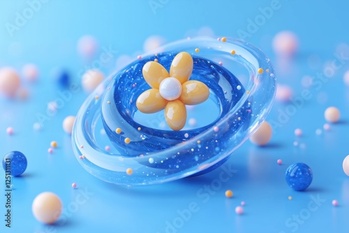A colorful abstract representation of an atom, featuring a transparent ring with a central flower-like structure and various spheres scattered around. 3d rendering cute illustration creative scene.