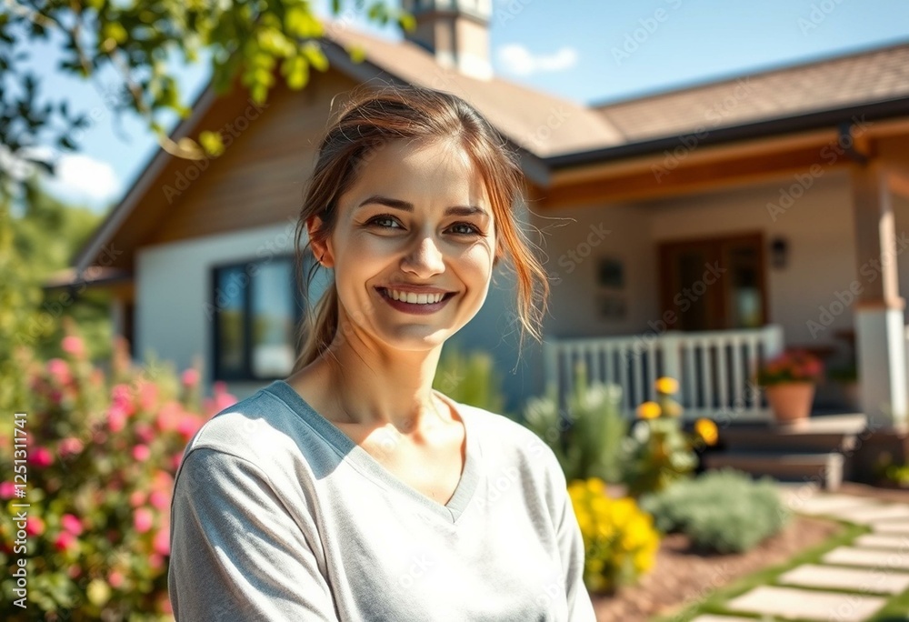 Happy female portrait with private house background Happy female portrait with private house background