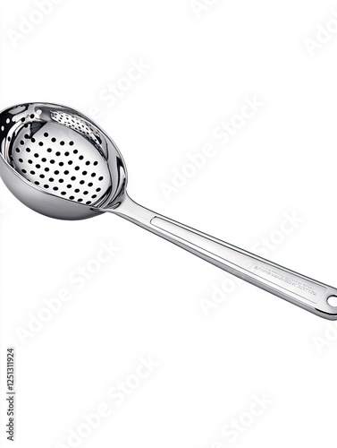 Stainless steel slotted spoon, kitchen utensil, food preparation, isolated white background, cooking photo