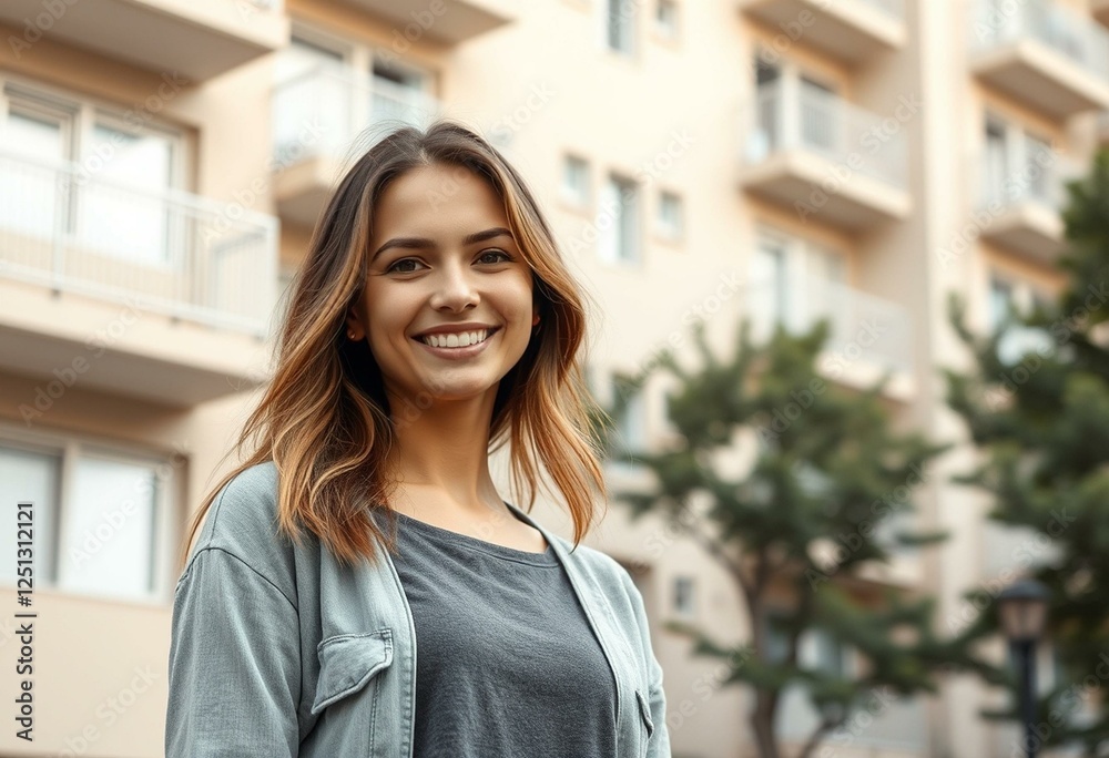 Happy female portrait in front of a residential apartment building Happy female portrait in front of a residential apartment building
