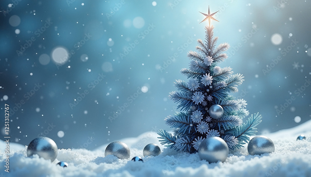 Obraz premium Snow-covered Christmas tree with silver ornaments and star