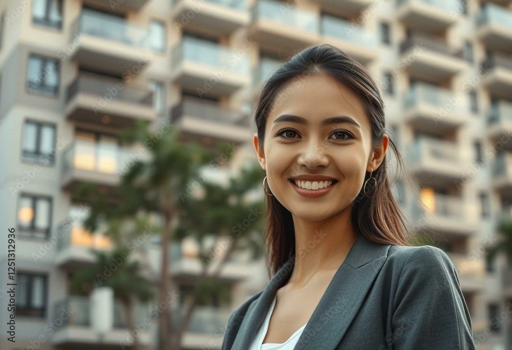 Photorealistic happy female portrait with modern apartment building background Photorealistic happy female portrait with modern apartment building background