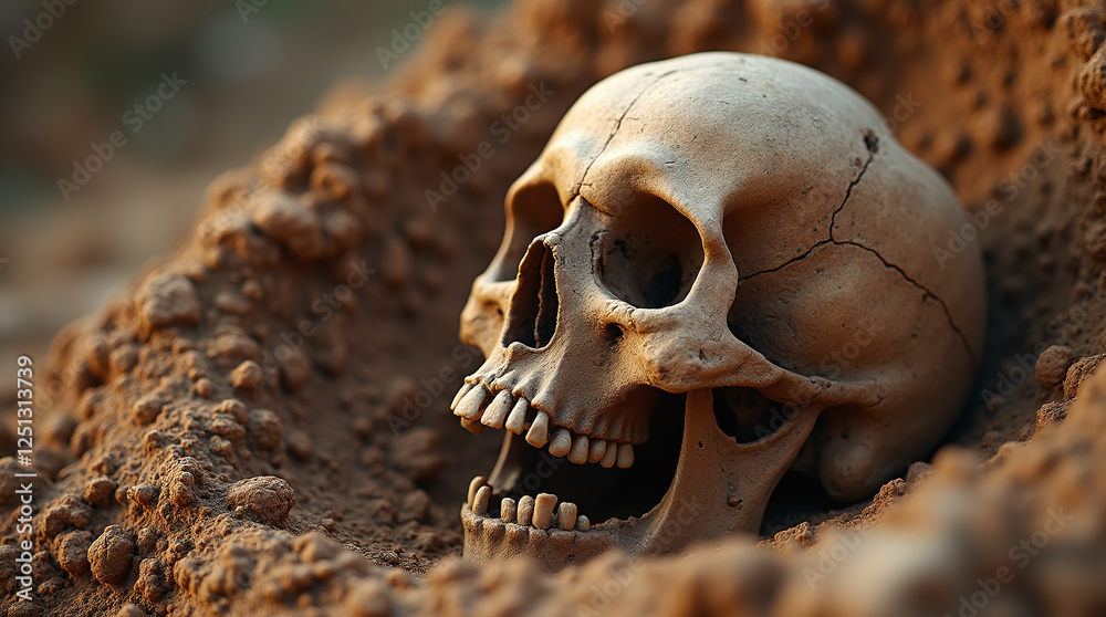 Ancient Human Skull in Archaeological Dig Excavation Site in Soil, Digging in Fossil, Archaeology and Anthropology, History of Humanity Ancient Human Skull in Archaeological Dig Excavation Site in Soil, Digging in Fossil, Archaeology and Anthropology, History of Humanity